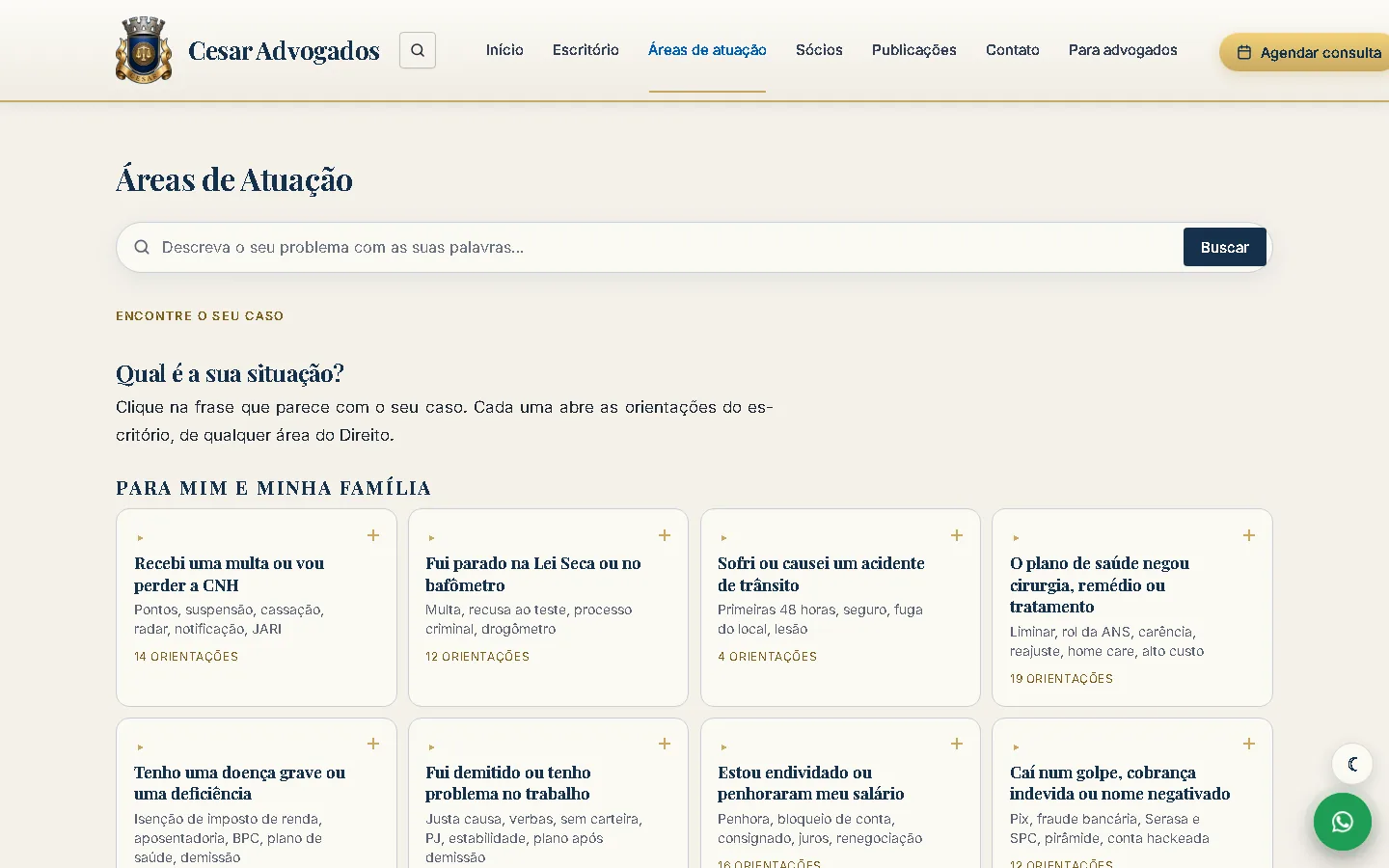 Página de áreas de atuação da Cesar Advogados, organizada por situação