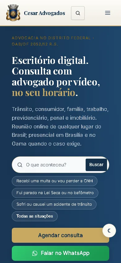 Página inicial da Cesar Advogados no celular